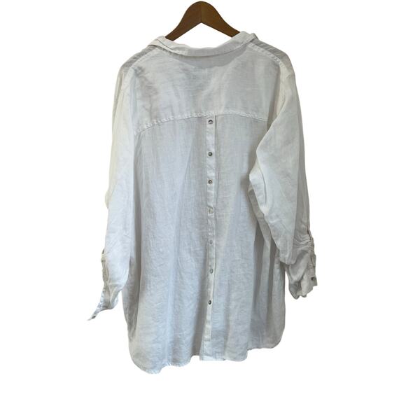 Tahari 3X White 100% Linen Blouse Mother-of-Pearl Button Back Oversized Fit - Picture 2 of 6